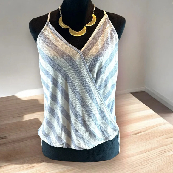 PINK CLOVER WOMEN’S STITCH FIX S Katara Surplice Top Blue White Stripe High low‎ - Picture 1 of 8